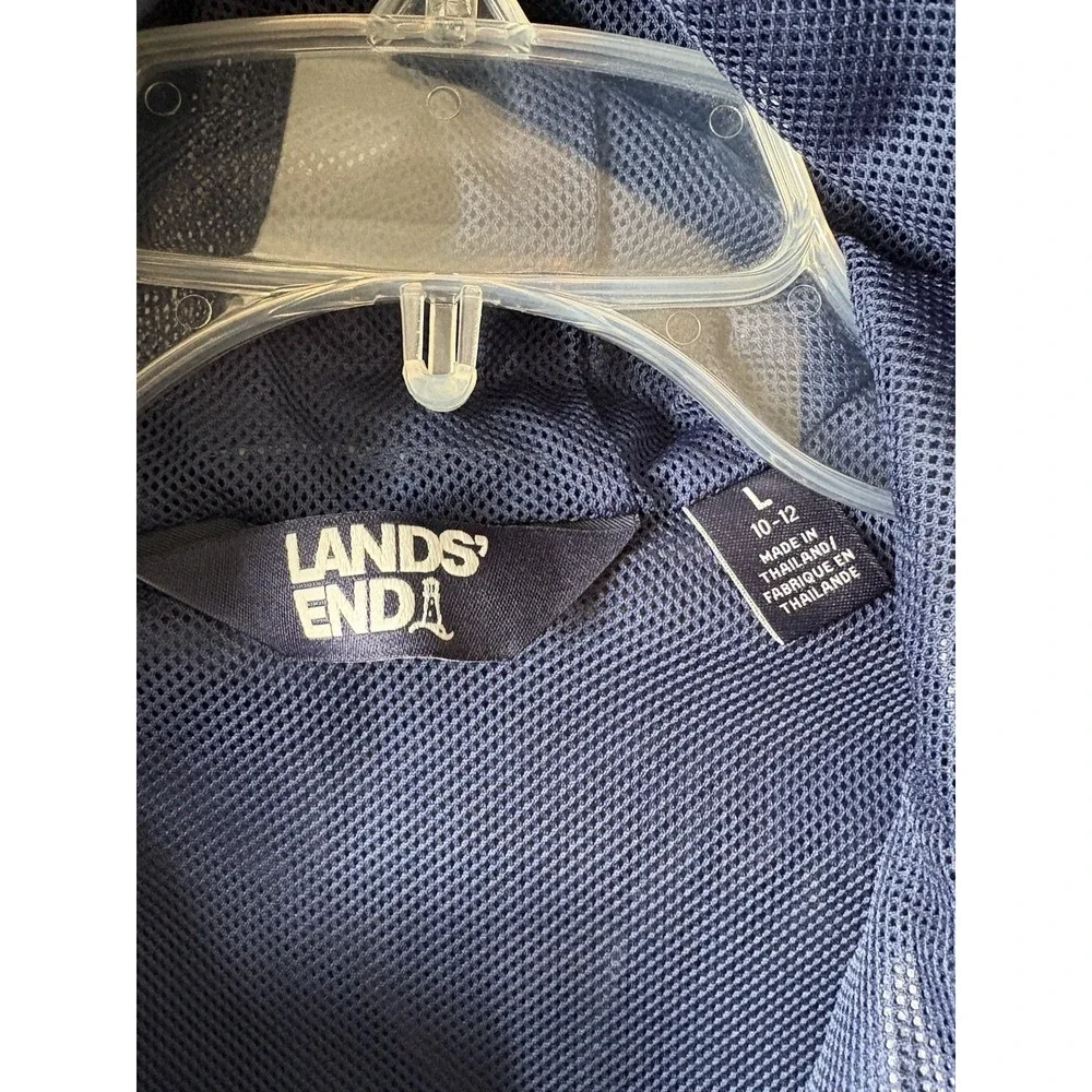 Lands End Hooded Rain Jacket Navy Blue Boys Size L 10-12 Packable Raincoat